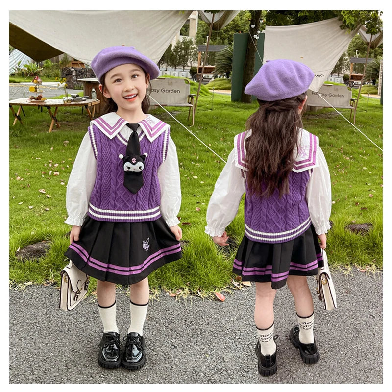 

Sanrioed аниме Kuromi девушки колледж Стиль Jk костюм дети принцесса 2 шт. Одежда Жилет Рубашка плиссированная юбка Y2K Подростковая Униформа подарки