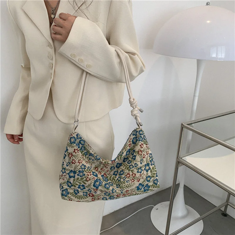 

Ladies New Style Vintage Floral Canvas Shoulderbag for Women Fashion Underarm Bag Casual Capacity Shopper Tote Bags