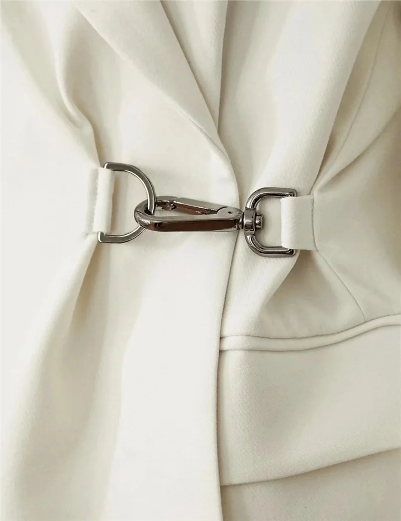 White Slim Waist Casual Office Blazer with Buckles 2021 Women Solid Color Mid-Length Commute Blazer Simple Patchwork Jacket Coat