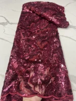 new arrival wine red sequins mesh 2022 lace fabric beads decoration for african nigerian party dress 5yards sewing 4758b