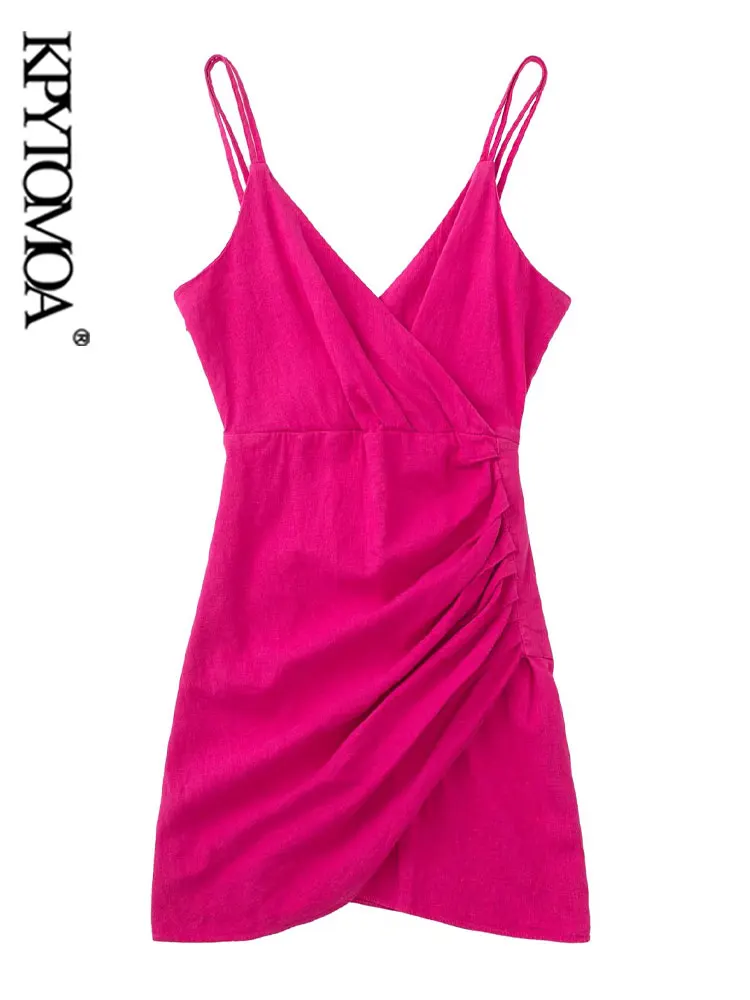 

KPYTOMOA, женское модное льняное мини-платье со складками, винтажное платье с открытой спиной и тонкими бретельками, женские платья, Vestidos Mujer