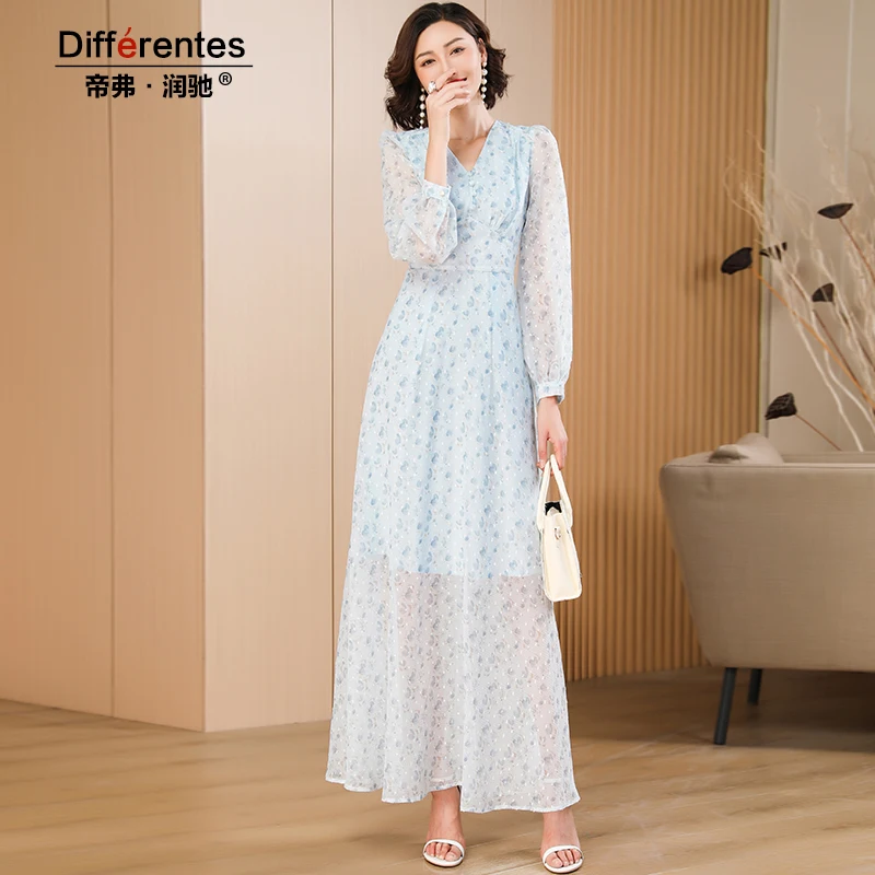 

Chiffon Summer Long Dress Long Sleeve Women Maxi Dress Birthday Dress for Women Slim Fit V-Neck Dress Girls Holidays Vacation