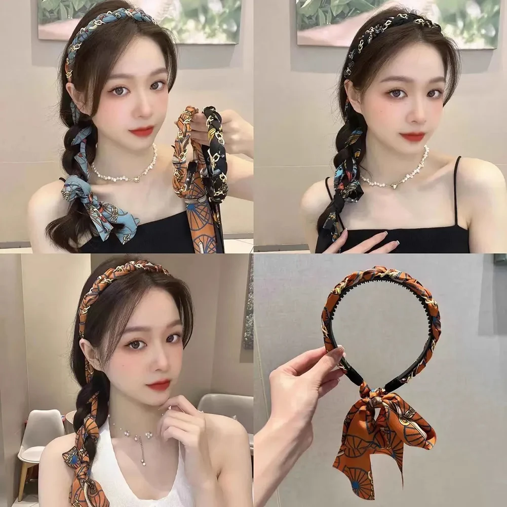 

Summer Chain Print Long Ribbon Hairband Braided Headband Streamers Hair Hoop For Girls Korea Sweets Hair Accessories