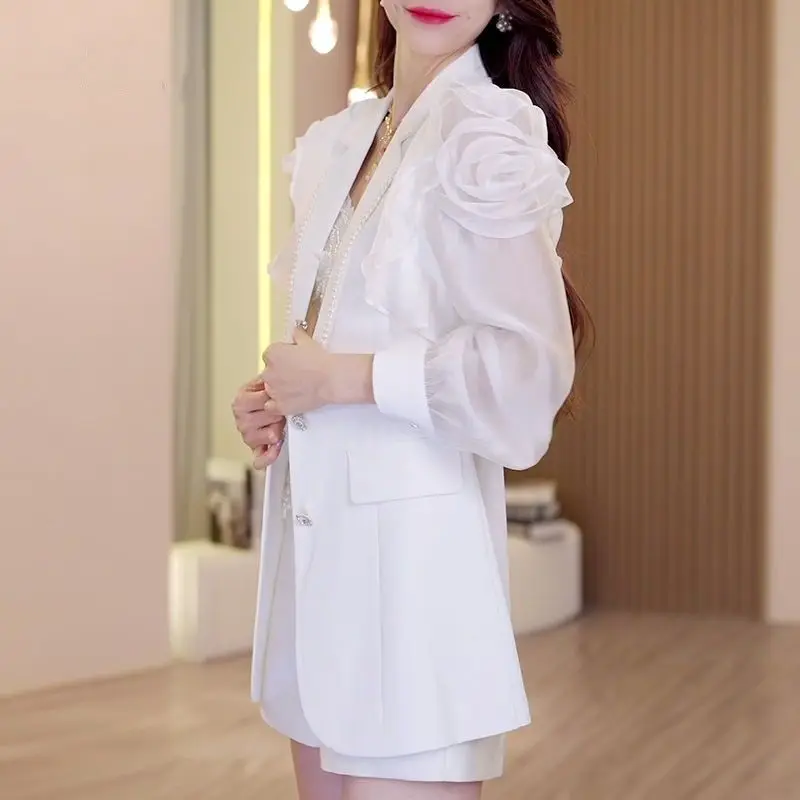 Luxury Chic Long Sleeve Blazer Women Ruffle Black Blazer White Suit Spring Summer Slim Jacket Thin Coat Patchwork Cardigan