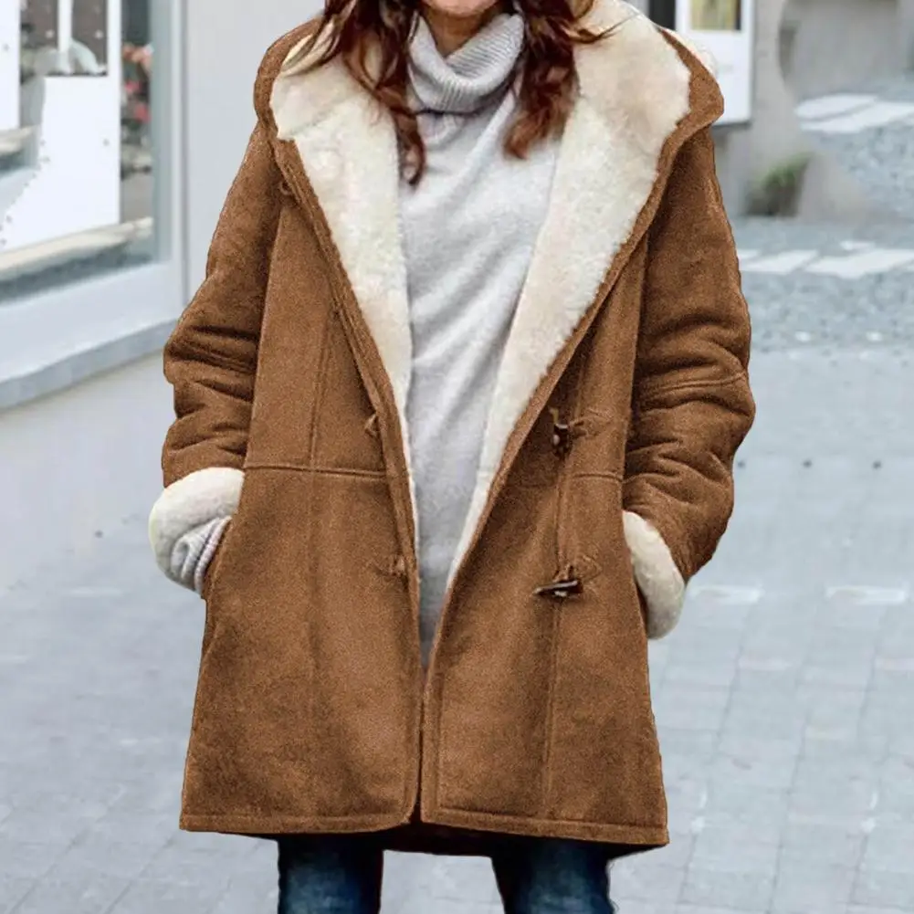 

Женская пушистая куртка с флисовой подкладкой, пальто средней длины на пуговицах с капюшоном, зимняя ветрозащитная меховая верхняя одежда, уличная одежда