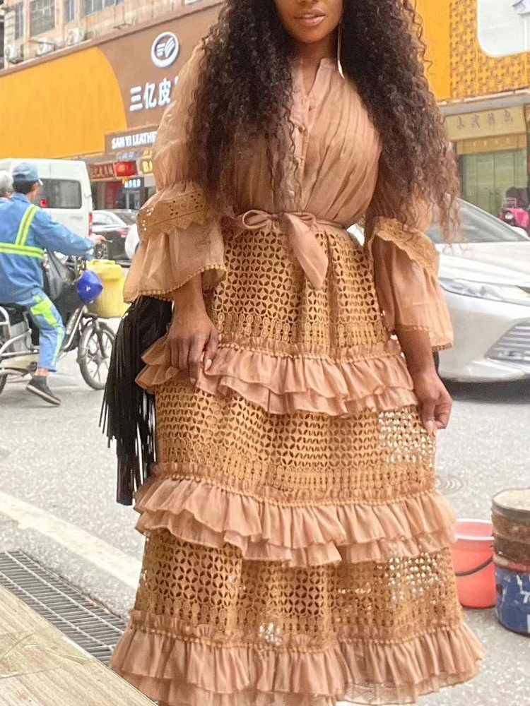 Осеннее новое высококачественное женское свободное платье с рюшами и полыми