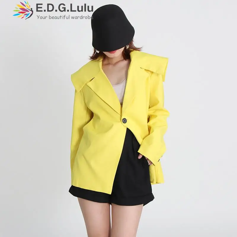 

EDGLuLu 2022 Women Turn-down Collar Waist Cutout Yellow Blazer Office Lady Loose One Button Coat Suit Jacket Female Chic 0923