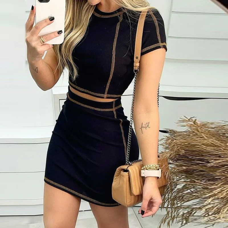 

Summer Office Lady Suits Ladies Casual O-neck Short Sleeve Patchwork High Waist Mini A-line Skirts 2pcs Sets
