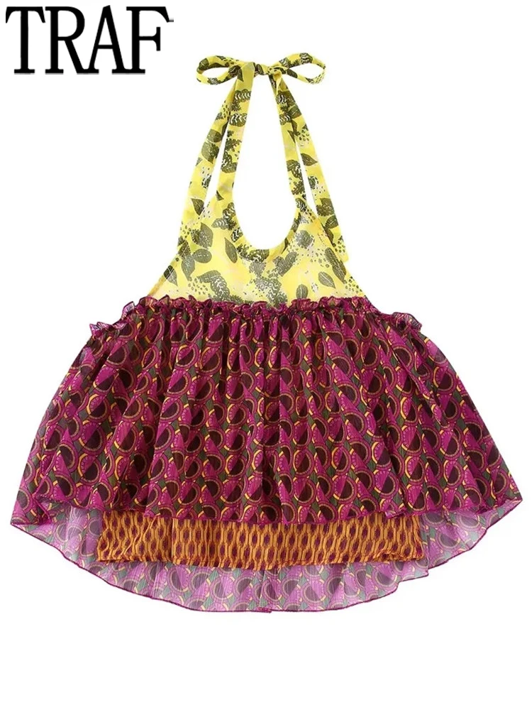 

Женский укороченный топ с открытой спиной и рюшами, с принтом