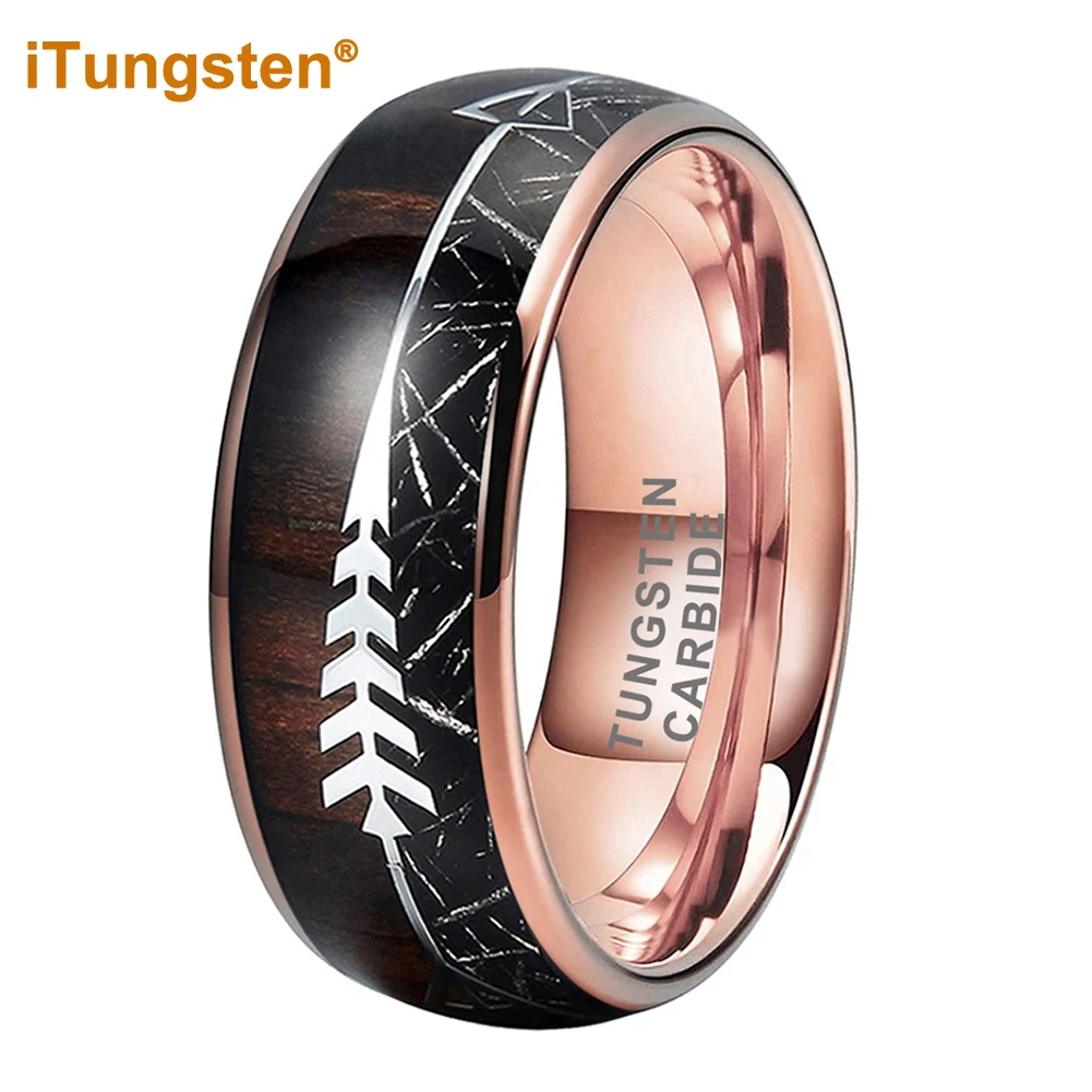 

iTungsten 6mm 8mm Men Women Rose Gold Wedding Band Tungsten Finger Ring Arrow Sandalwood Black Meteorite Inlay Domed Comfort Fit