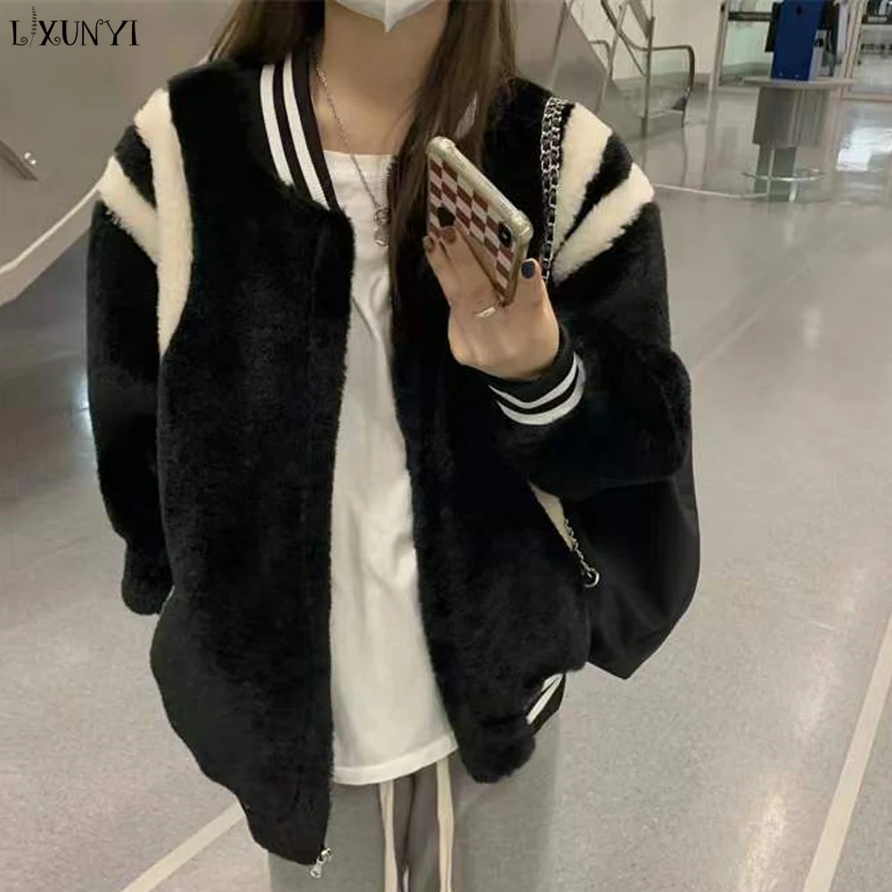 

Autumn Winter Oversized Lambswool Jacket Women Plus Velvet Padded Loose Retro Uniform Fleece Bomber Jackets Harajuku Coat