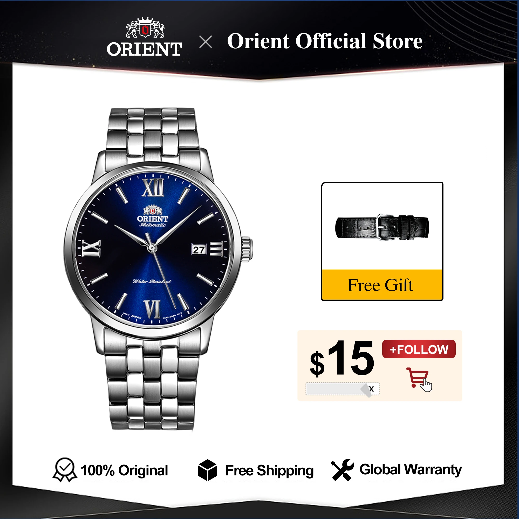 

Original Orient Mechanical Watch for Men, Japanese Classic Businesse Watch Stainless Steel Modern See-Through Case Back