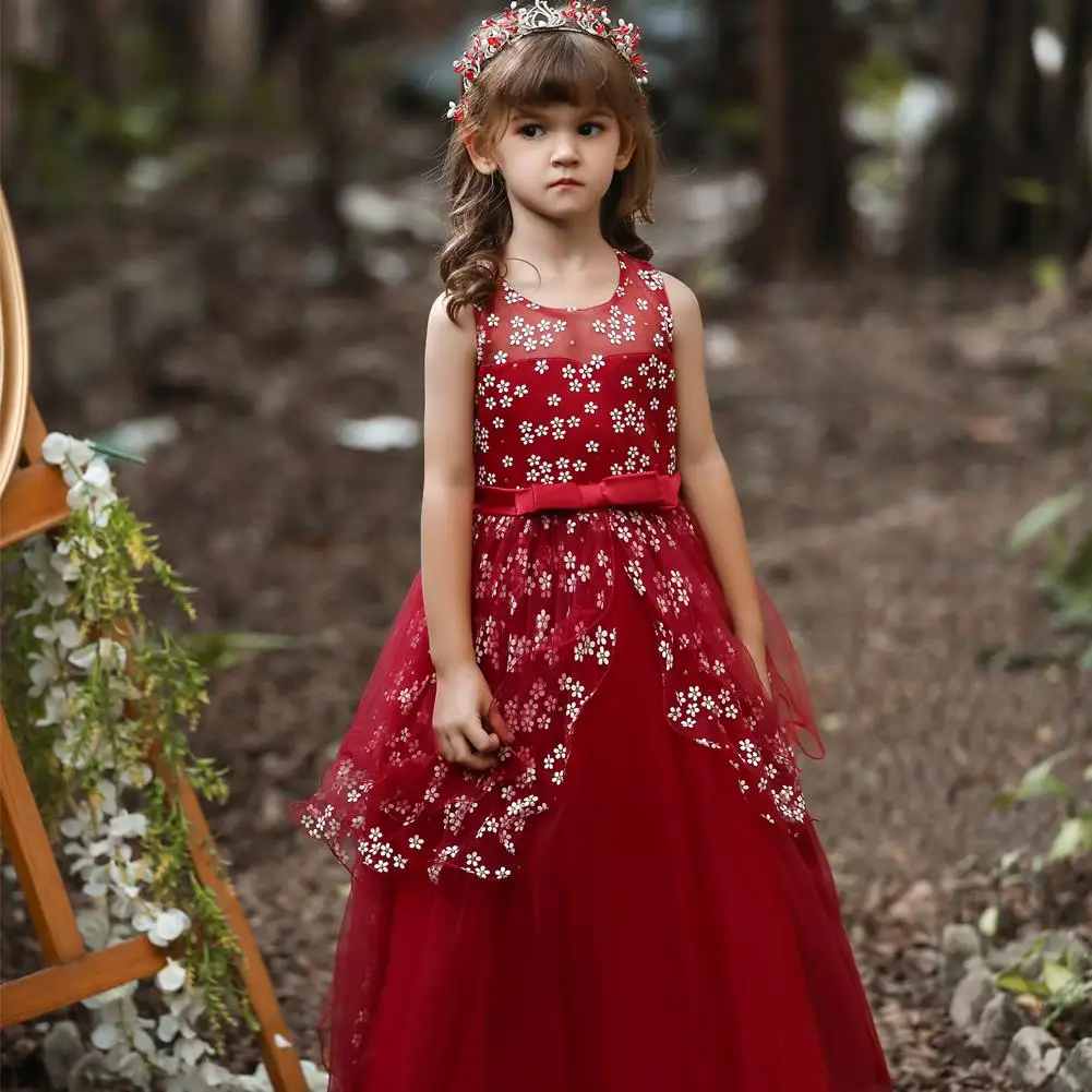 

2021 New Long Round Neck Children's Wedding Dress Flower Girl's Sleeveless Evening Dress 10-Year-old Girl's Birthday Party Wear