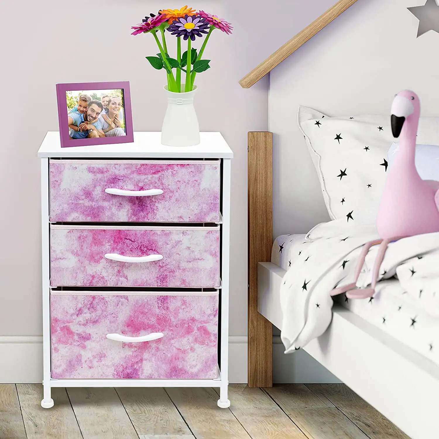 

Nightstand Storage Organizer with 3 Drawers - ( Tie-dye Pink)