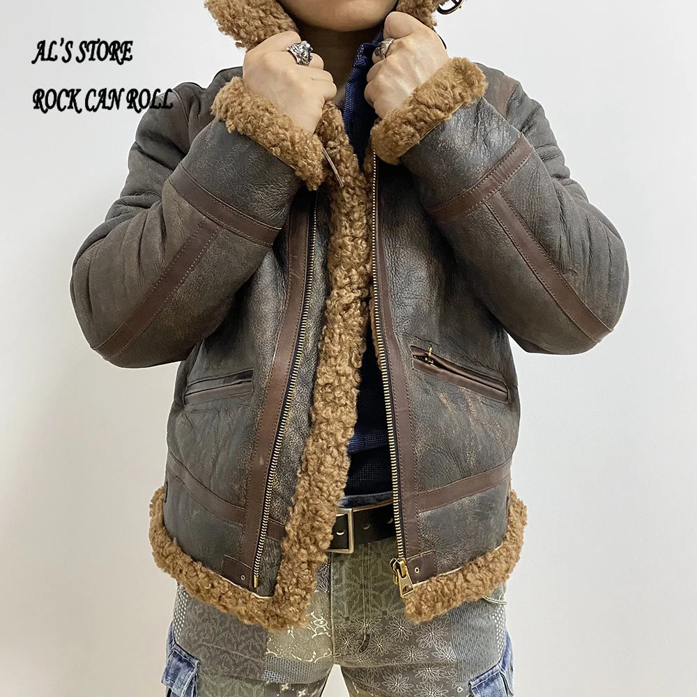 

CDB3-6 European US Size High Quality Super Warm Genuine Sheep Leather Coat Mens Big B3 Shearling Bomber Merino Fur Jacket