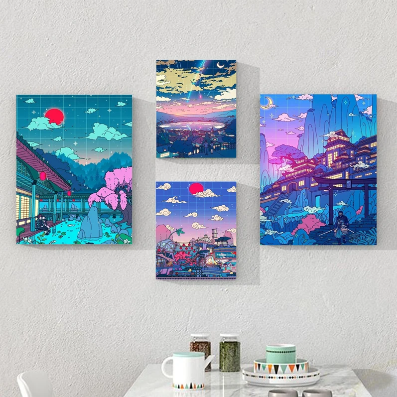 

Anime Wall Art Cartoon View Street Prints Classic Movie Posters Waterproof Paper Sticker Coffee House Bar Nordic Home Decor