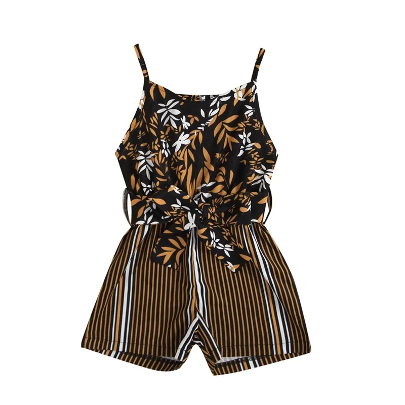 

Summer Stripe Floral Print Sleeveless Spaghetti Strap Romper with Waist Belt for Girls, 2-7 Years