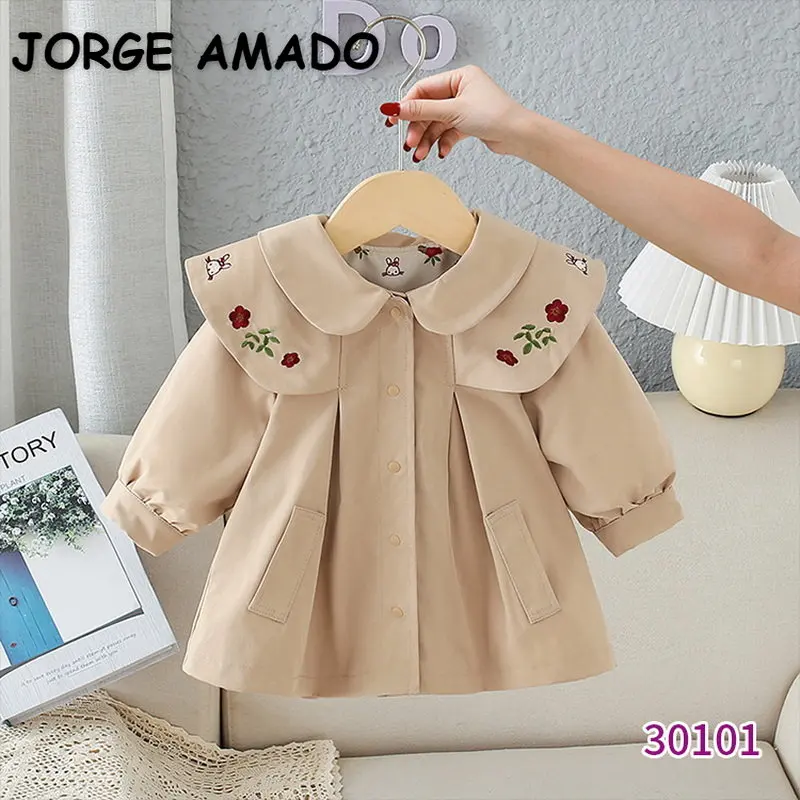 

Korean Style New Autumn Kid Girl Trench Long Sleeves Khaki Peter Pan Collar Embroidery Outwear Child Clothing E30101