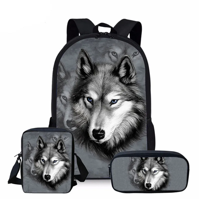Школьный рюкзак для мальчиков и девочек, детский ортопедический ранец с 3D-принтом милого волка, сумка для книг и карандашей, 3 шт./компл.