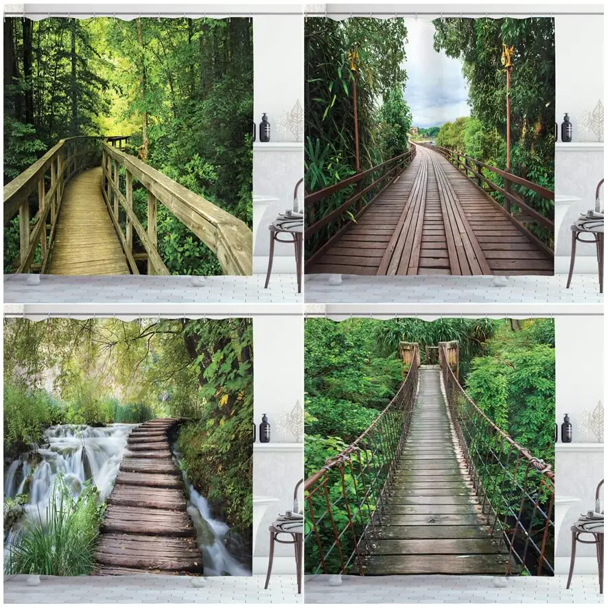 

Spring Forest Landscape Shower Curtains Rustic Wooden Bridge Waterfall Nature Green Plants Trees Modern Bathroom Curtain Decor