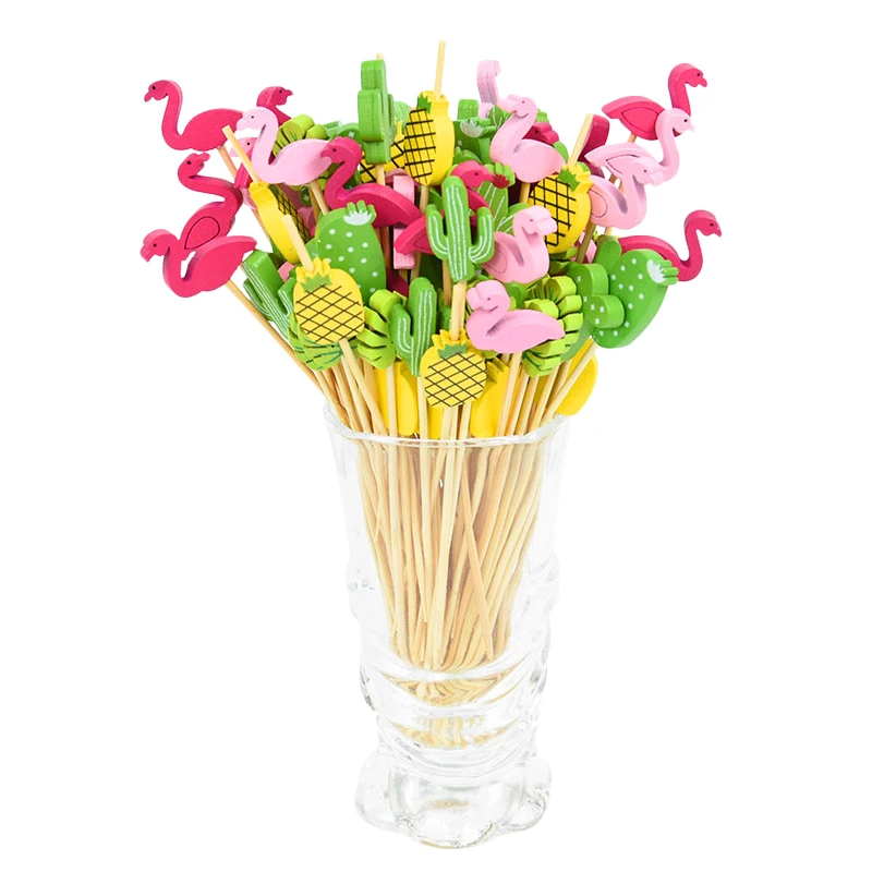 

100pcs Flamingo Palm Leaves Cocktail Picks Hawaiian Summer Tropical Party Cupcake Fruit Toothpicks Birthday Wedding Supplies