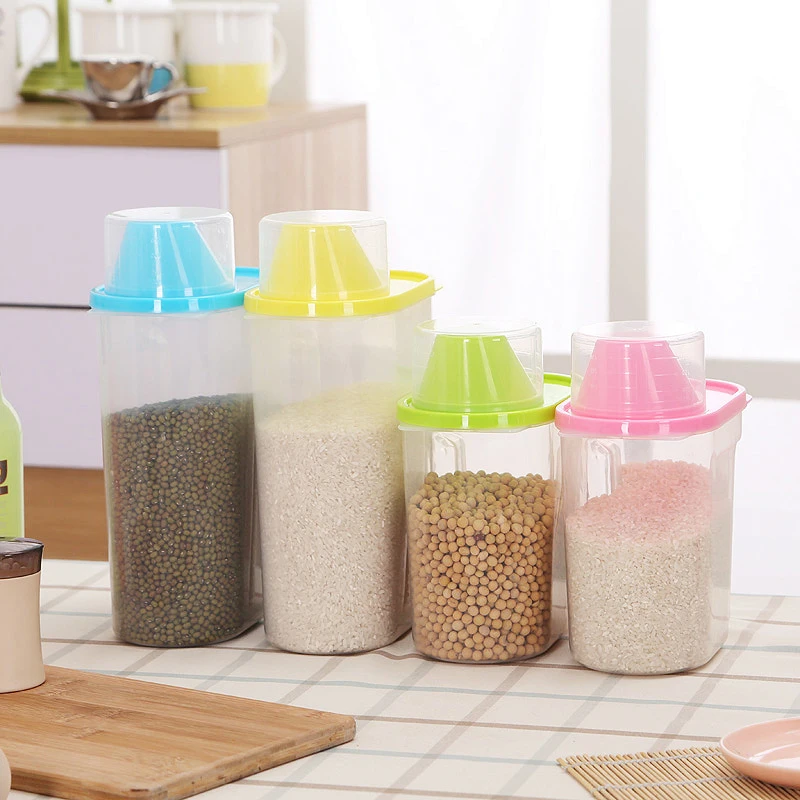 

Cereal Dispenser With Lid Storage Box Plastic Rice Container Food Sealed Jar Cans For Kitchen Grain Dried Fruit Snacks Organizer