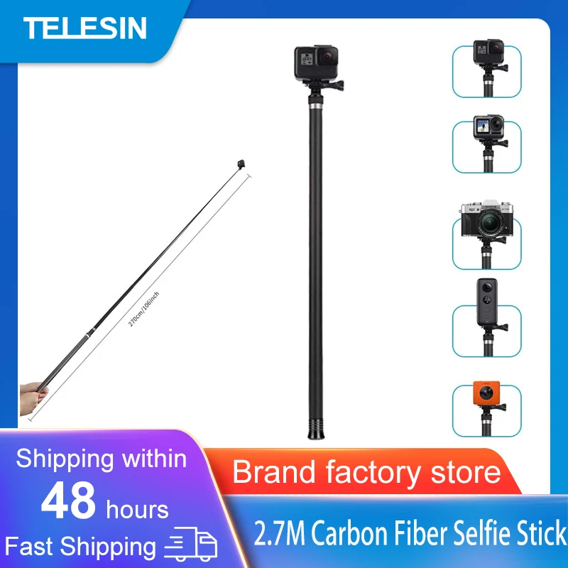 TELESIN 2.7M Carbon Fiber Ultra Long Selfie Stick for GoPro Hero 10 9 8 Black 7 6 5 Insta360 ONE DJI OSMO Action Camera Monopod