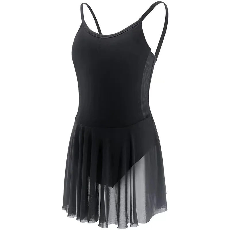 

Lyrical Ballet Dress Women Girls Camisole Leotard Dress Adult Black Dance Costumes With Mesh Skirt