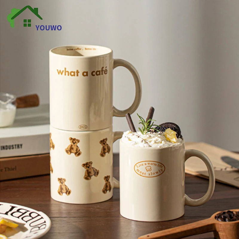 

300ml Ceramic Bear Coffee Mug English Letter Milk Cup Cartoon Office Water Mug Afternoon Teacup Drinking Utensils
