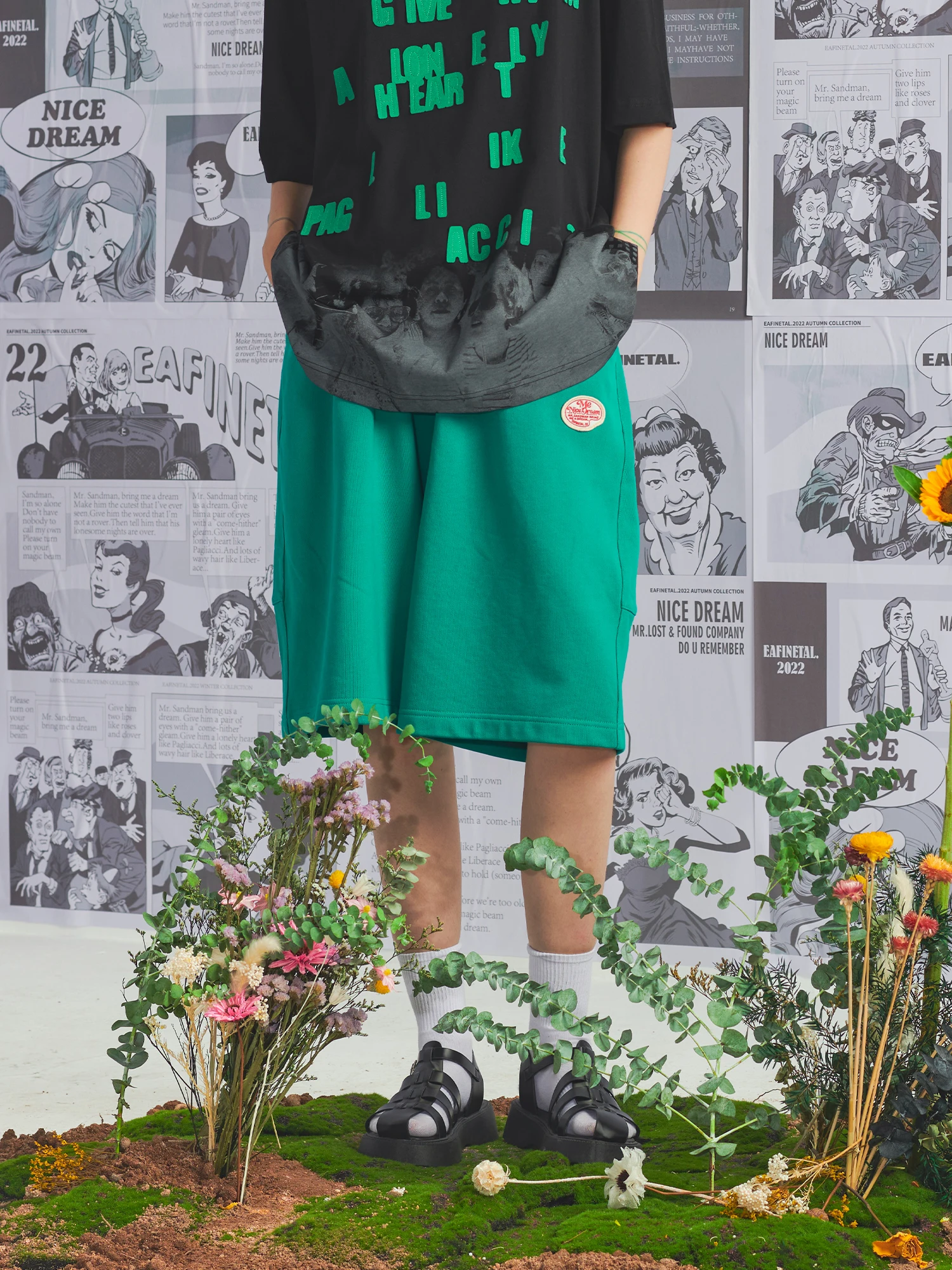 EAFINETAL. 22SS Japan Style Loose Shorts Minimalism Solid Color Green Green Knit Sports Shorts