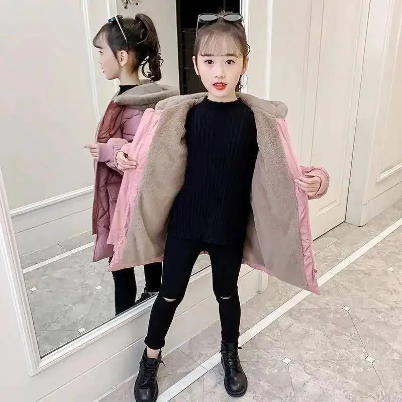 

Girls Fur Coat Jacket Cotton Outwear Overcoat 2022 Red Warm Thicken Plus Velvet Winter Autumn School Gift Children's Clothing