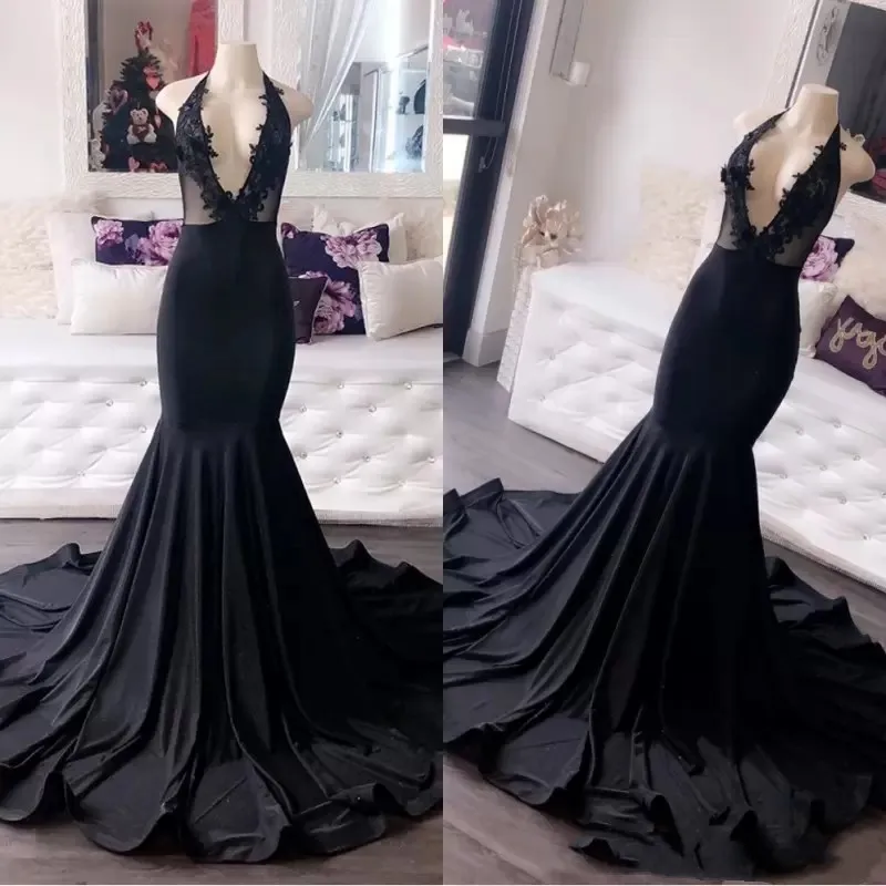

2023 Sexy African Black Mermaid Prom Dresses Deep V Neck Lace Appliques Special Occasion Evening Gowns Backless Robe De Bal