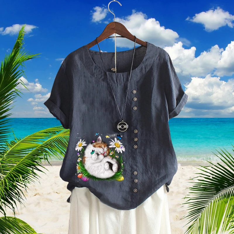 

Women's T Shirt O Neck Plus Size Top for Lady Casual Style Cotton Linen Pullover Cute Animal Cat Print Short Sleeve Shirt
