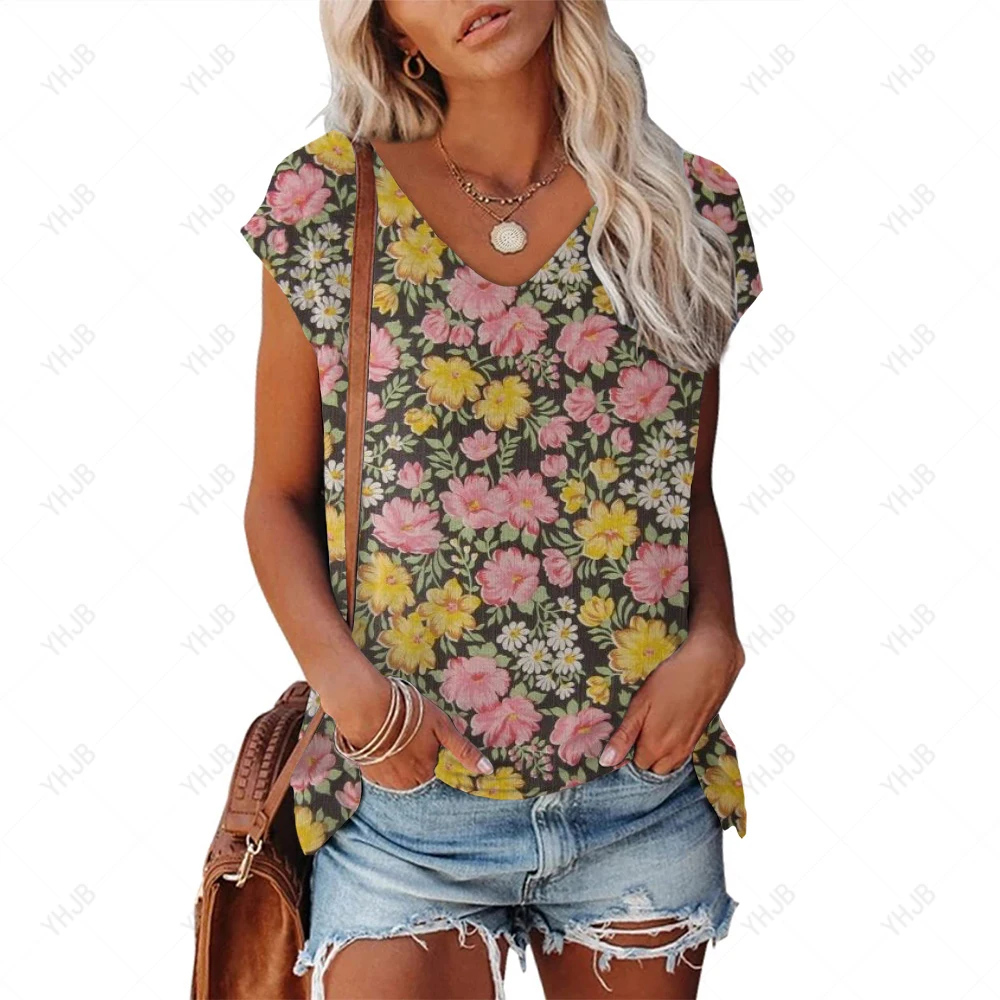 

Женская футболка для девочек с цветочным принтом, летняя футболка с V-образным вырезом, сексуальная модная повседневная женская одежда с коротким рукавом, жилет