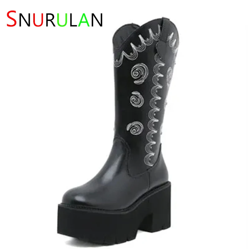 

Женские ковбойские ботинки на платформе, до середины икры