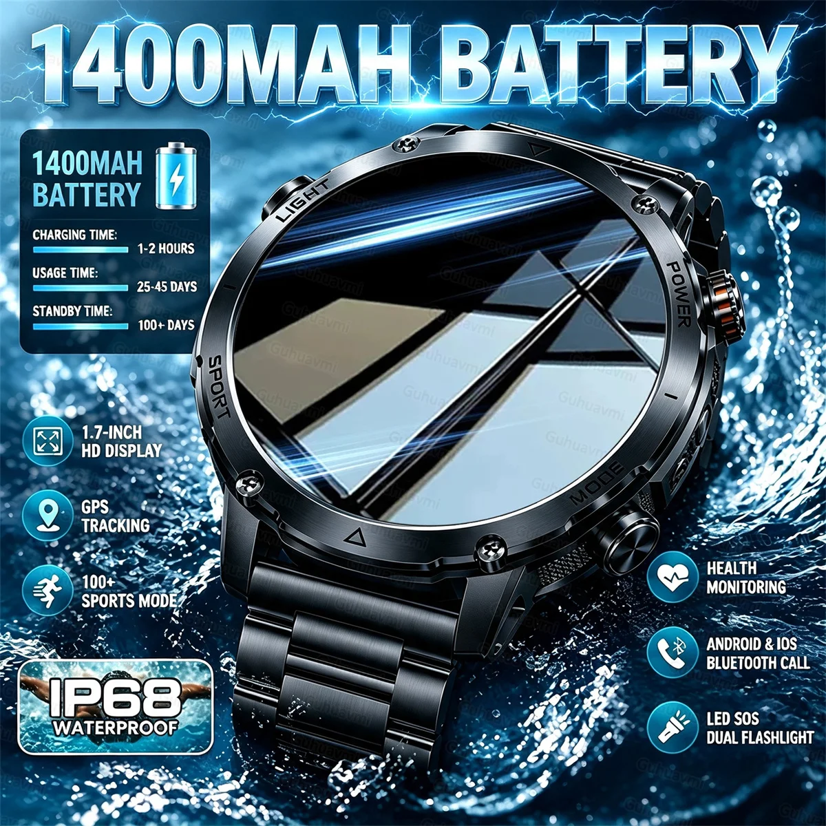 Фото 2026 Sapphire Прочный наручный смарт-часы для мужчин, 1400 мАч, водонепроницаемость 10ATM, фитнес-трекер, HD-звонки, 100+ спортивных режимов, умные часы для мужчин. №1