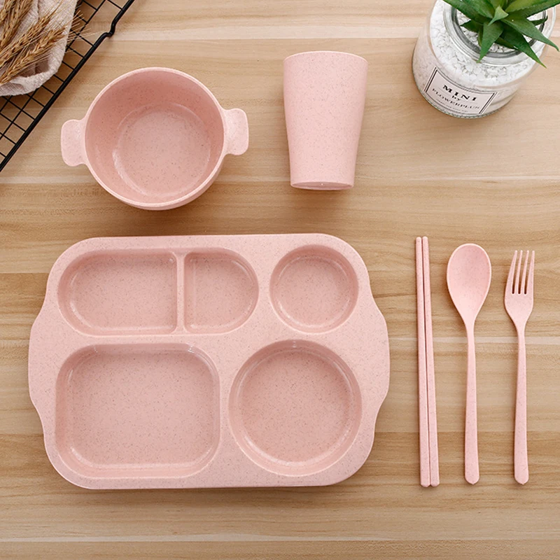 

6pcs Eco-Friendly Wheat Straw Dinnerware Set Solid Color Children Dishes Kids Plate Bowl Set Children Tableware Set посуда