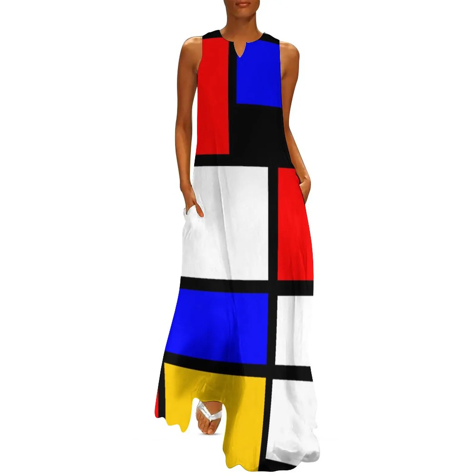 

Multi Geometric Print Dress Art Mondrian Style Trendy Maxi Dress Streetwear Boho Beach Long Dresses V Neck Vestidos Big Size 5XL