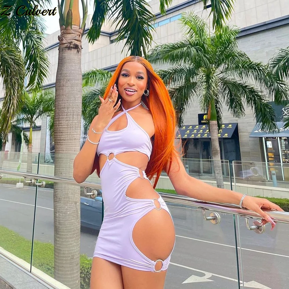 

Z Culvert 2022 Spring Summer Fashion Sexy Solid Women Halter Bandage Sleeveless Hollow Out asymmetrical Backless pack hip dress