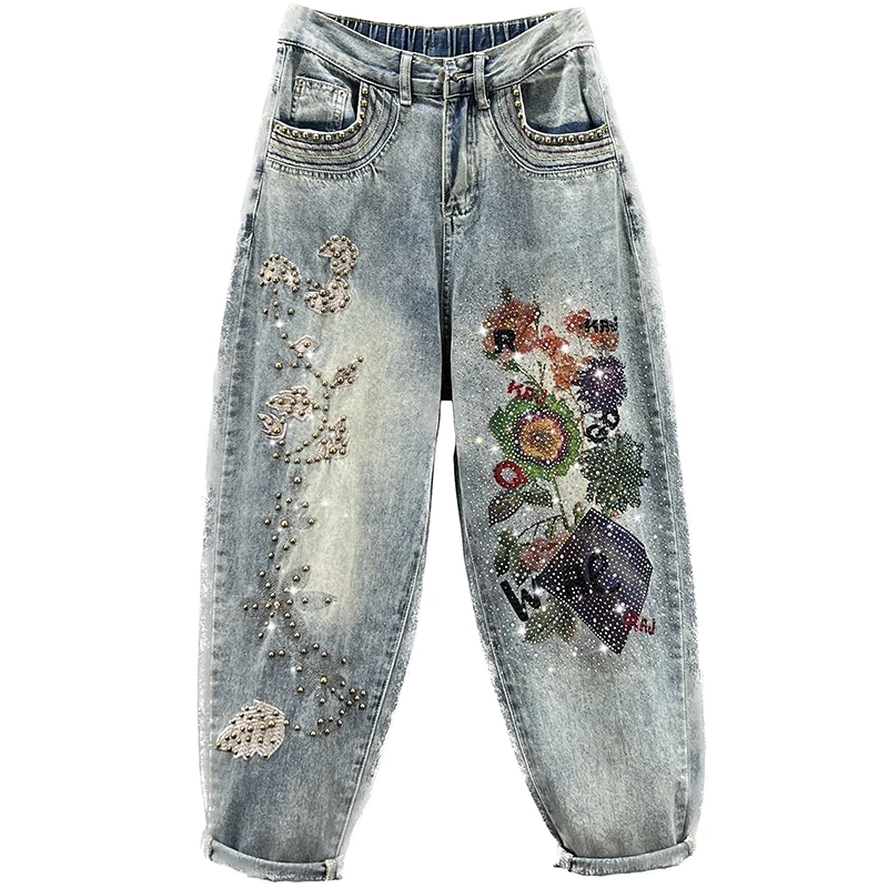 Women's Clothing Heavy Industry Diamond Embroidered Jeans 2023 Spring New Loose Slimming Printed High Waisted Jeans Female