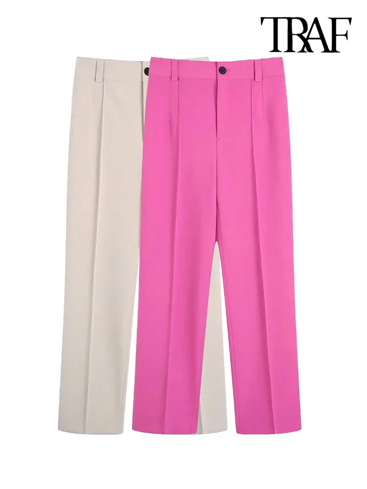 

TRAF Women Fashion Office Wear Straight Pants Vintage High Waist Zipper Fly Female Trousers Mujer