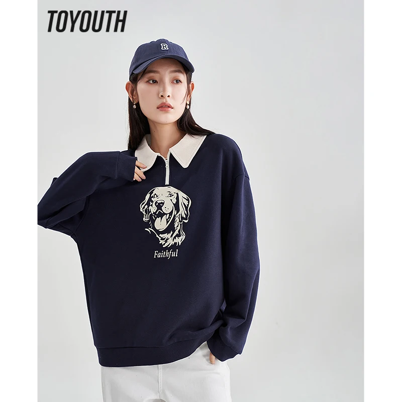 Toyouth Women Sweatshirts 2023 Spring Long Sleeve Polo Neck with Zipper Loose Hoodies Dog Print Navy Casual Chic Pullover
