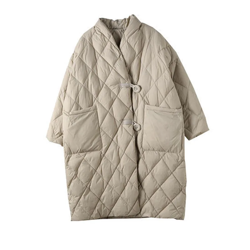 2022 Winter V-neck Medium Long Coat Women's Fashionable Warm and Thin Loose Down Jacket