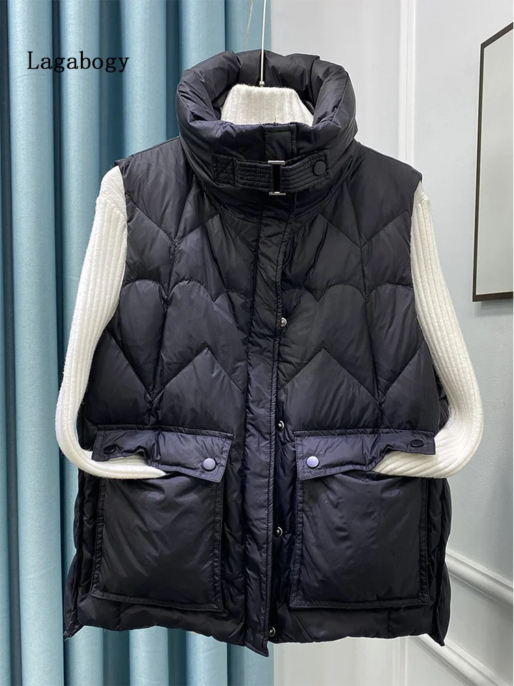

2023 New Autumn Winter Ultra Light Warm White Duck Down Vest Jacket Women Short Warm Basic Sleeveless Casual Pocket Waistcoat