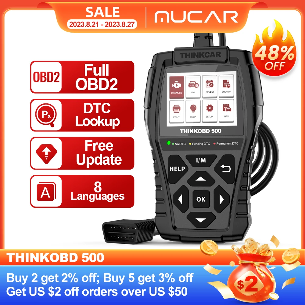 Диагностические инструменты для автомобилей THINKCAR THINKOBD 500, сканер OBD2 для автомобиля, тест на смог, датчик O2, автомобильный двигатель OBDII, диагностический считыватель кодов