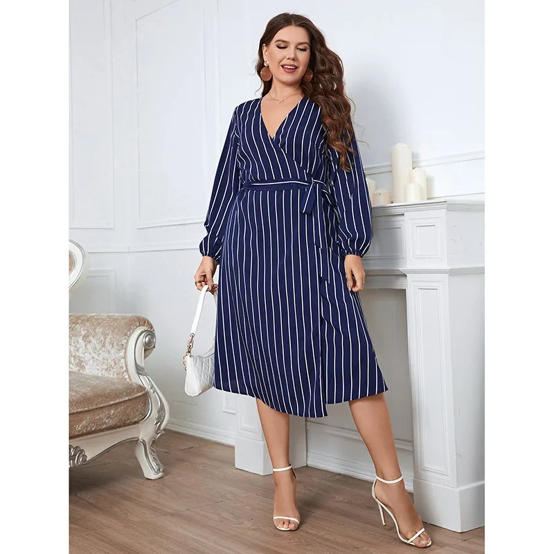 Plus Size Dresses For Women Spring 2023 Elegant Fashion Long Sleeve Striped Wraped Midi Party Dress Sexy V Neck Loose Dress 4XL