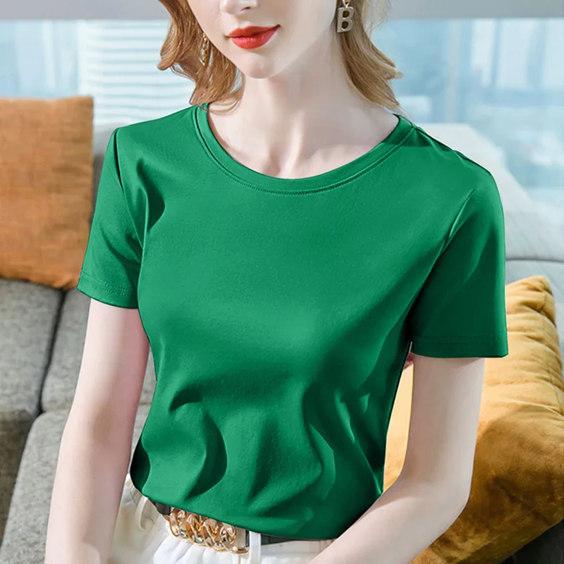 

Хлопковая футболка с круглым вырезом, мягкая Базовая футболка, женская летняя новая повседневная Однотонная футболка 2022, женский простой т...