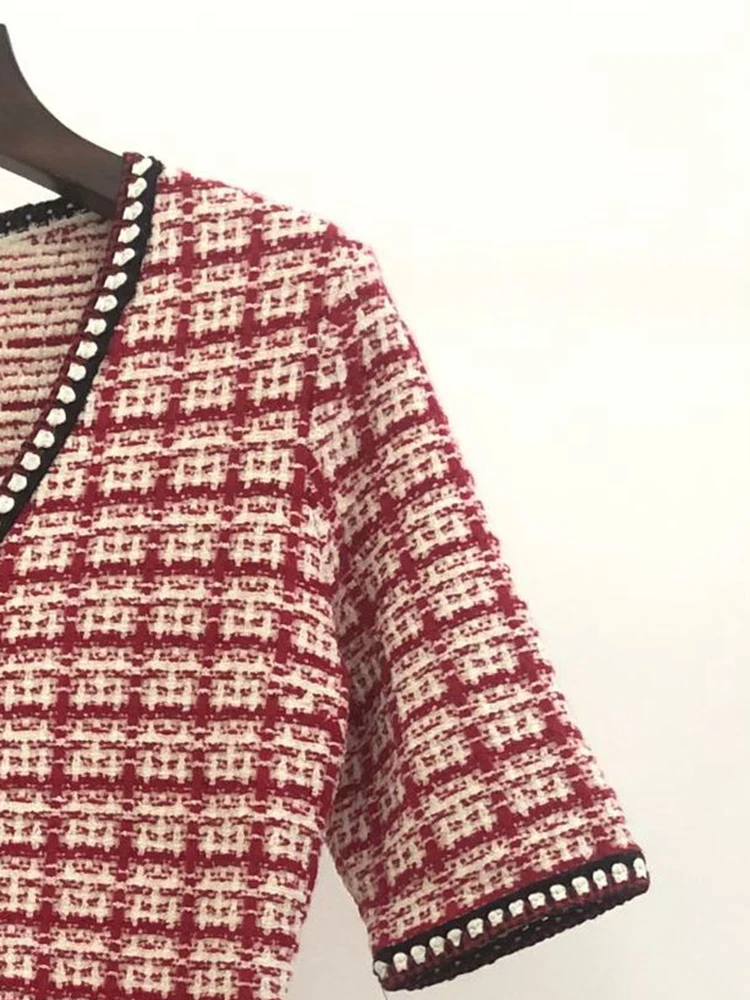 

Autumn Winter 2022 Red Tweed V-neck A-line Mini Dress for Women