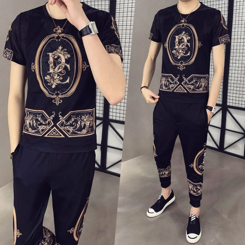 Men Set Letters Pattern Korean Fashion T-shirt Trousers Men Clothing Two Piece Set Summer Joggers Set Tracksuit Clothes for Men