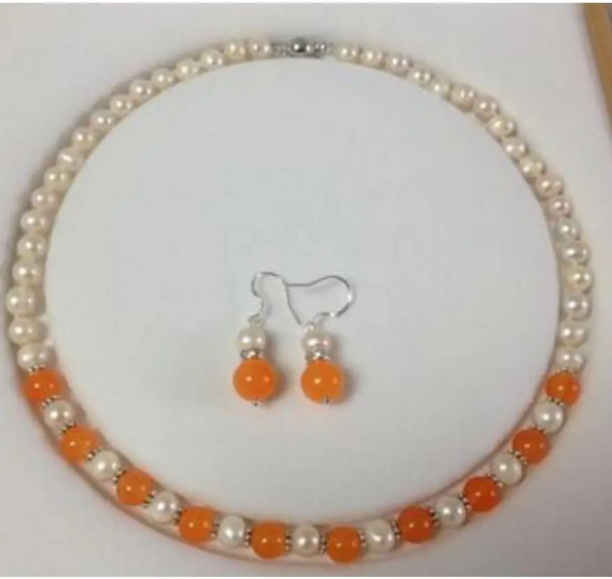 

Jewelry Pearl Set Wonderful! 7-8mm White Pearl Orange Jade Necklace Earring Set 18inch